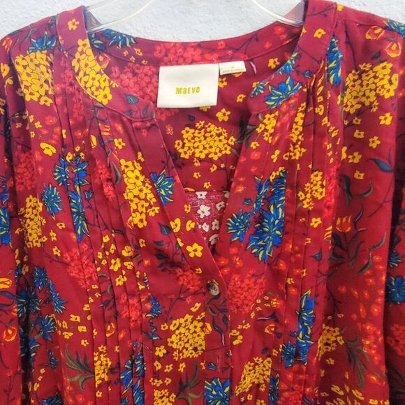 Anthropologie Maeve Red Floral Pintuck Roll Tab Sleeve Button Top Women's Medium - Picture 4 of 12